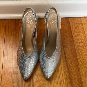 Vince Camuto silver heeled mules